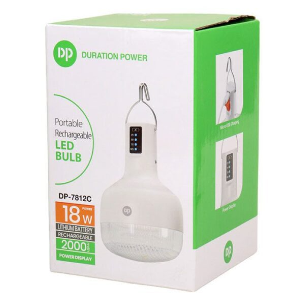 لامپ شارژی 18 وات دی پی DP-7812، این لامپ با طراحی جمع و جور، وزن سبک و قابلیت حمل آسان، به راحتی قابل استفاده در محیط‌های مختلف است.